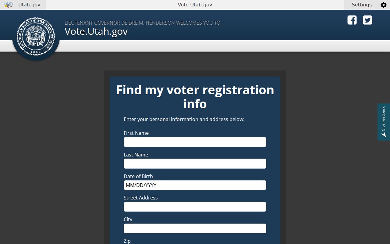 Utah voter lookup form with name, address, city and ZIP fields
