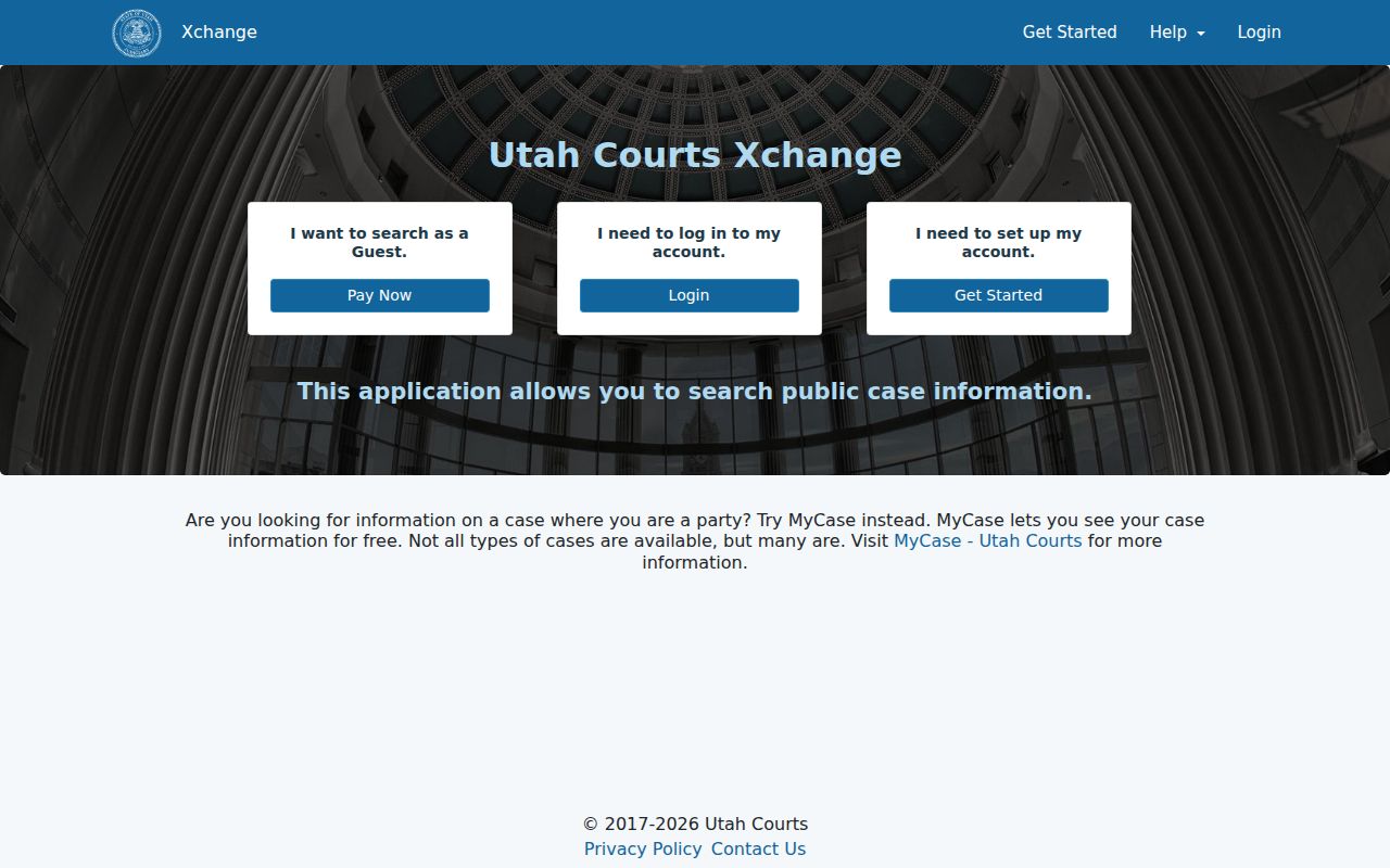 Utah Courts XChange public case search landing page